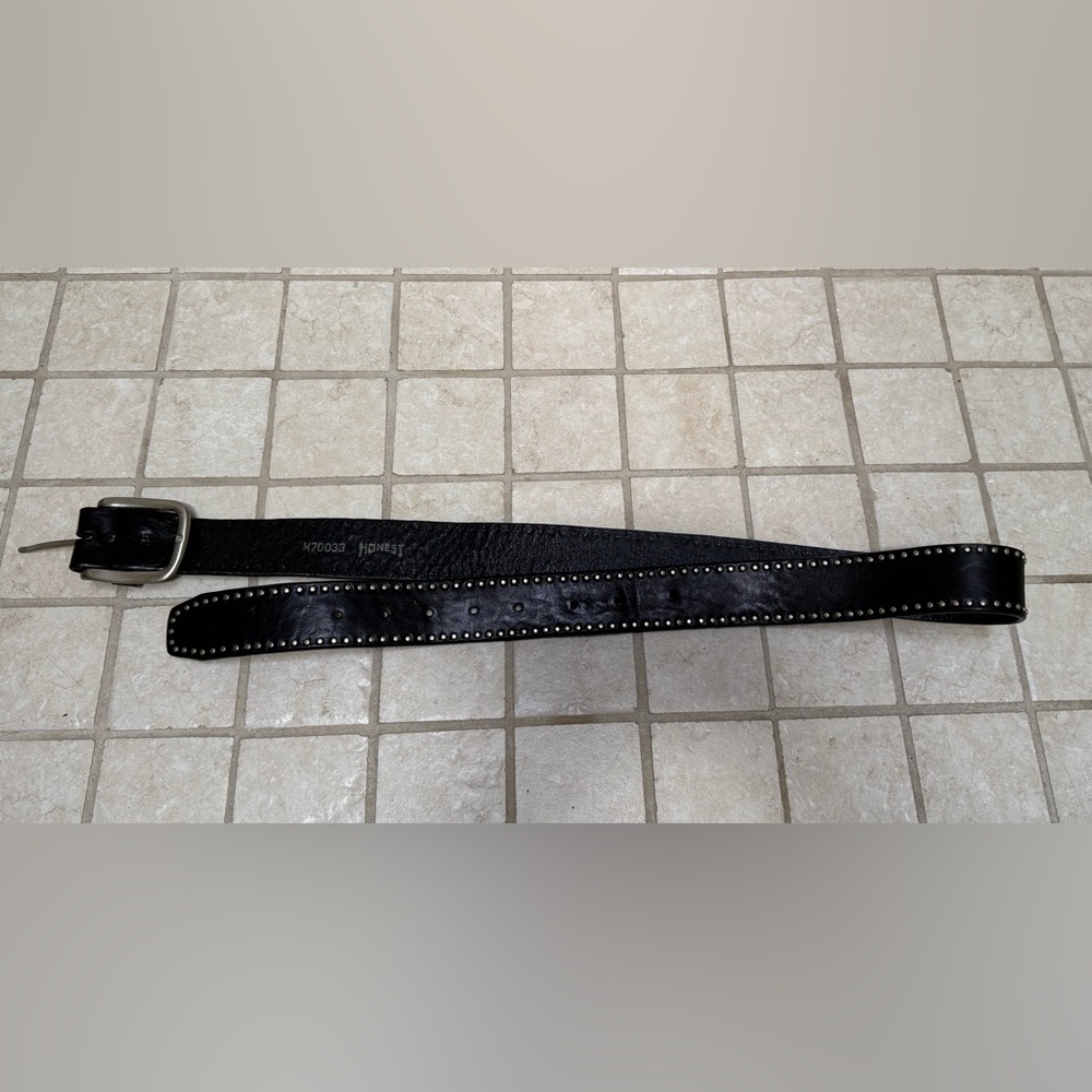 Women’s Studded Black Leather Belt - 1 inch wide. Silver matte metal detail.